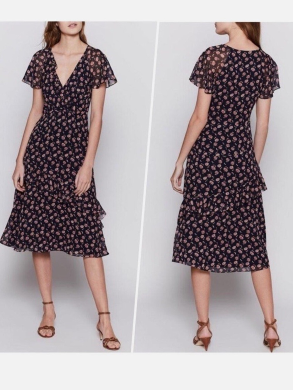 Joie Black Midi Dress with Pink Floral Print